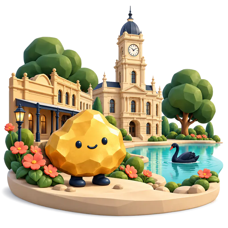 Clay-style miniature of Ballarat: a smiling gold nugget among flowers beside a lake with a black swan, a clock tower and a verandah building behind.